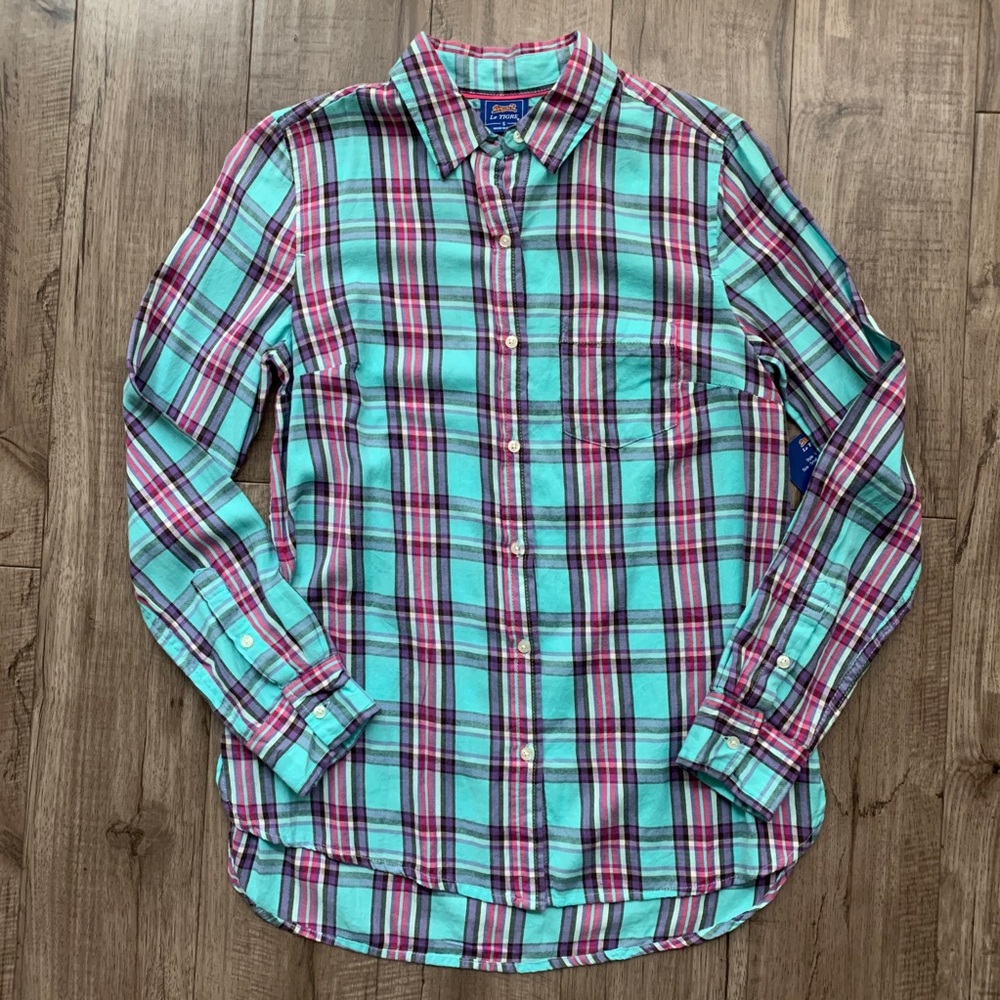 Le Tigre Plaid Button Down Top Sky Blue Small NWT